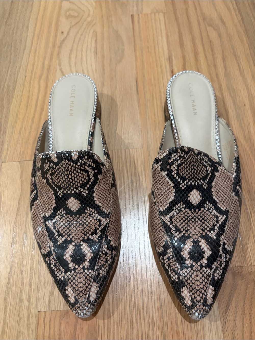 Cole Haan Brown and Black Snake-Print Slip-On Mules